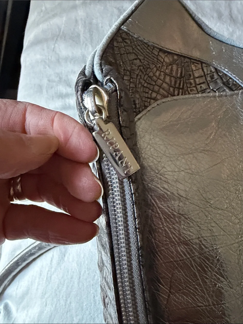 RIPANI Silver Pewter Croc-Embossed Satchel with Medallion Detail